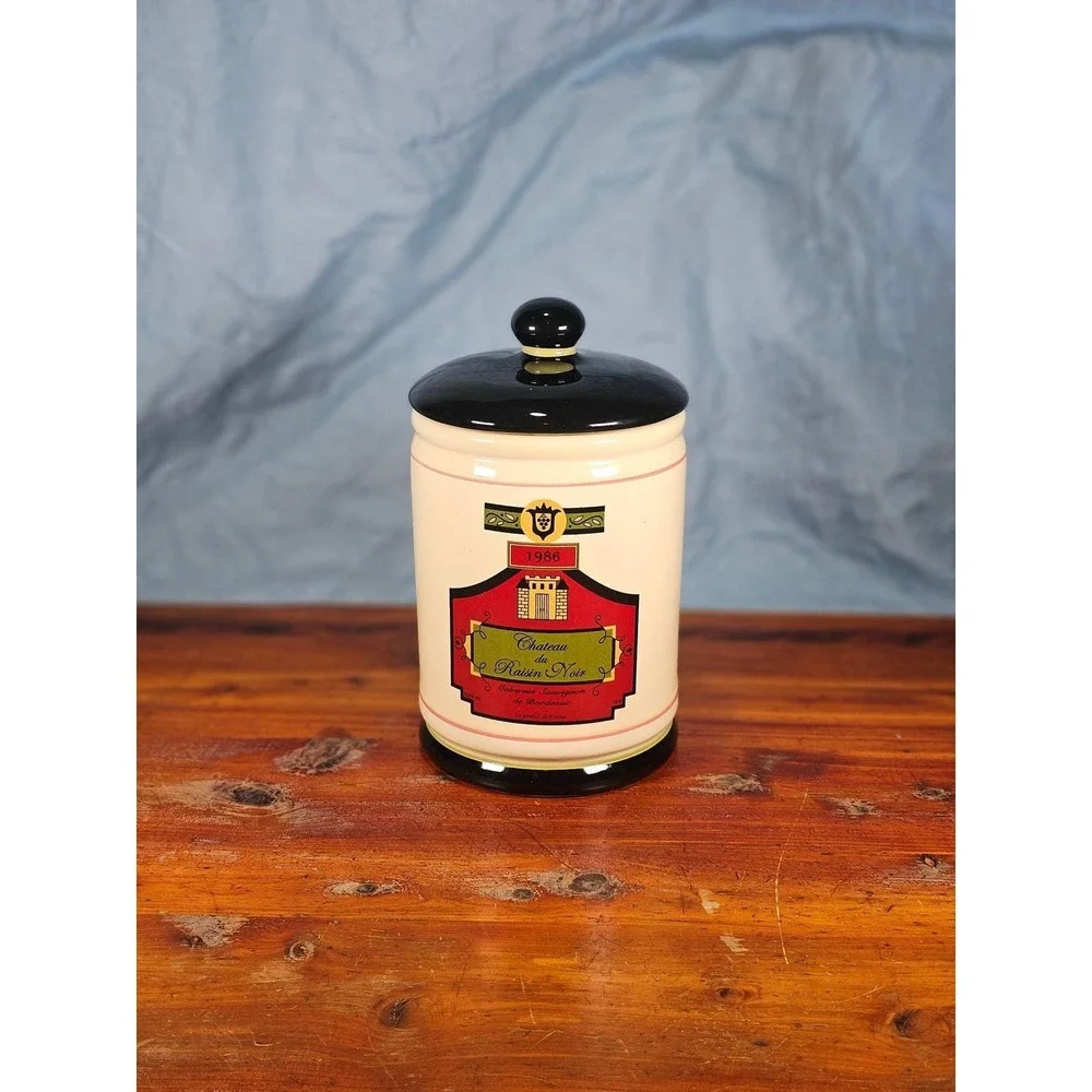Vintage OGGI French Wine Label Ceramic Canister With Lid 9 In
